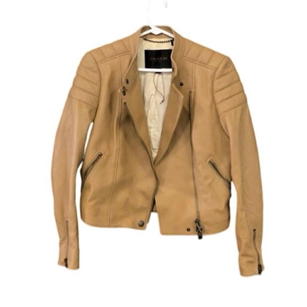 Coach Refined Sheepskin Moto Jacket Tan Size 4 - image 3